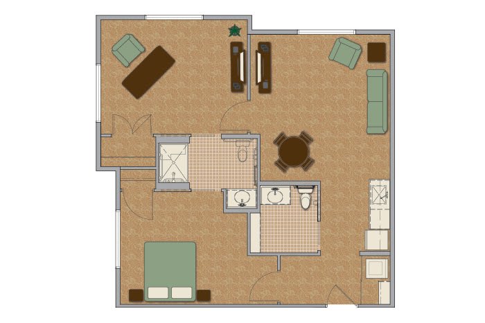 A floor plan showing a one-bedroom apartment layout with a living room, kitchen, bathroom, and dining area.
