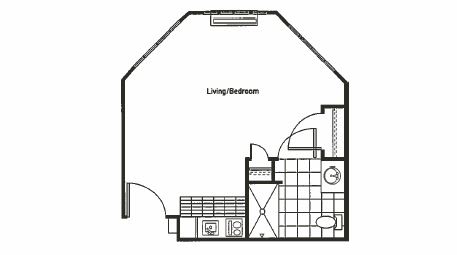 Studio apartment floor plan featuring living/bedroom area, kitchenette, and bathroom.