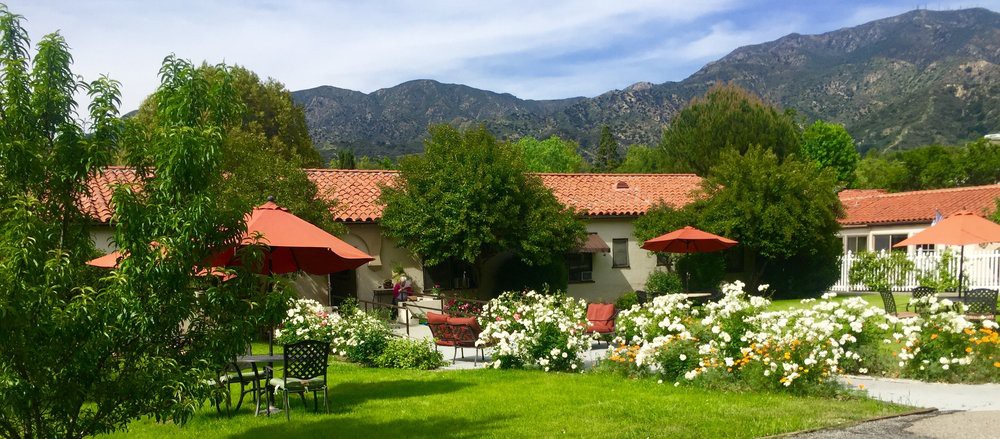 A picturesque garden with blooming flowers and a house set against a backdrop of mountains.