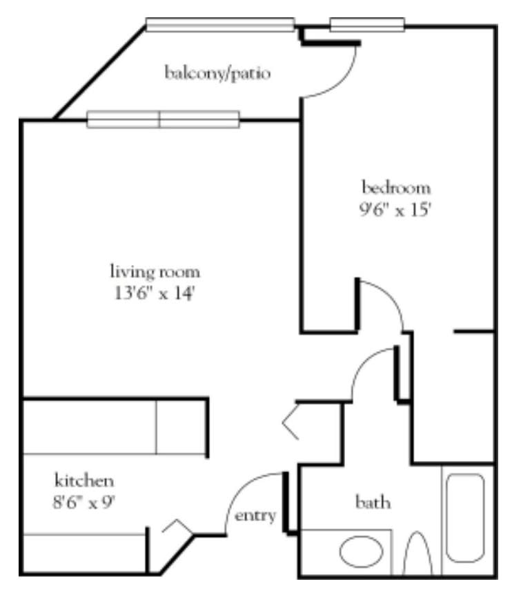 A detailed floor plan of a one-bedroom apartment with labeled dimensions and room placements.