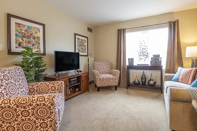 Cozy living room with patterned armchairs and a TV stand, softly lit by a large window.