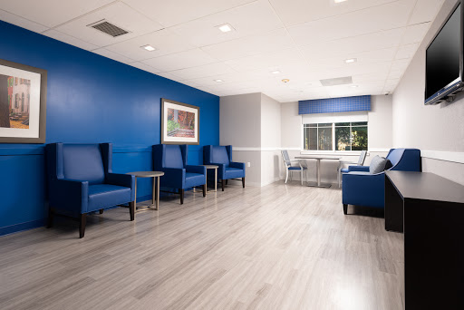 A modern waiting area featuring blue walls and comfortable seating, designed for a welcoming atmosphere.