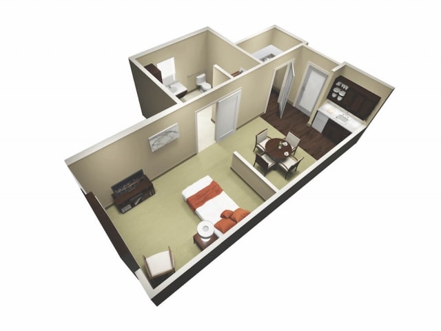 A 3D floor plan of a small apartment featuring a bedroom, living area, kitchen, and bathroom.