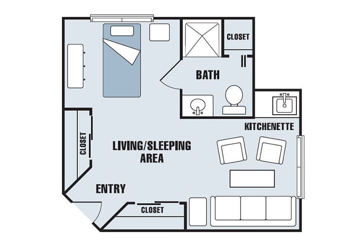 A floor plan of a compact studio apartment featuring a combined living and sleeping area, kitchenette, bathroom, and entryway.