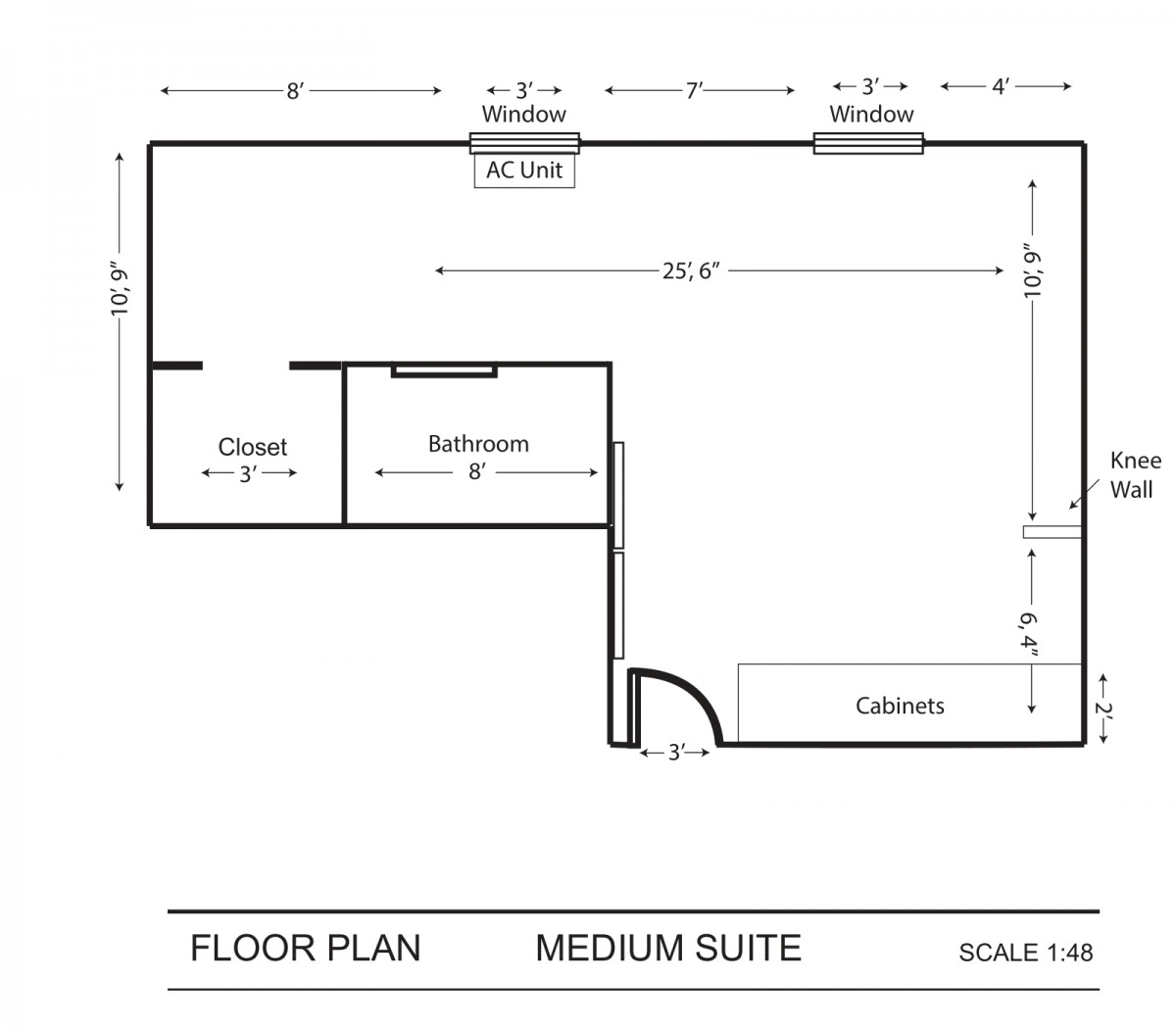Floor plan of a medium suite with dimensions for each room.