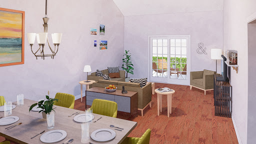 A modern and cozy living space featuring a comfortable seating area and dining setup, illuminated by natural light.
