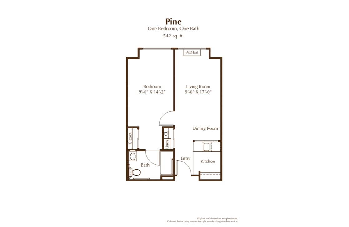 A floor plan of a one-bedroom, one-bathroom apartment layout.