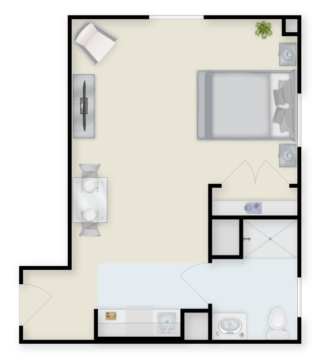 A floor plan showing the layout of an apartment with a bedroom, furniture, and bathroom.