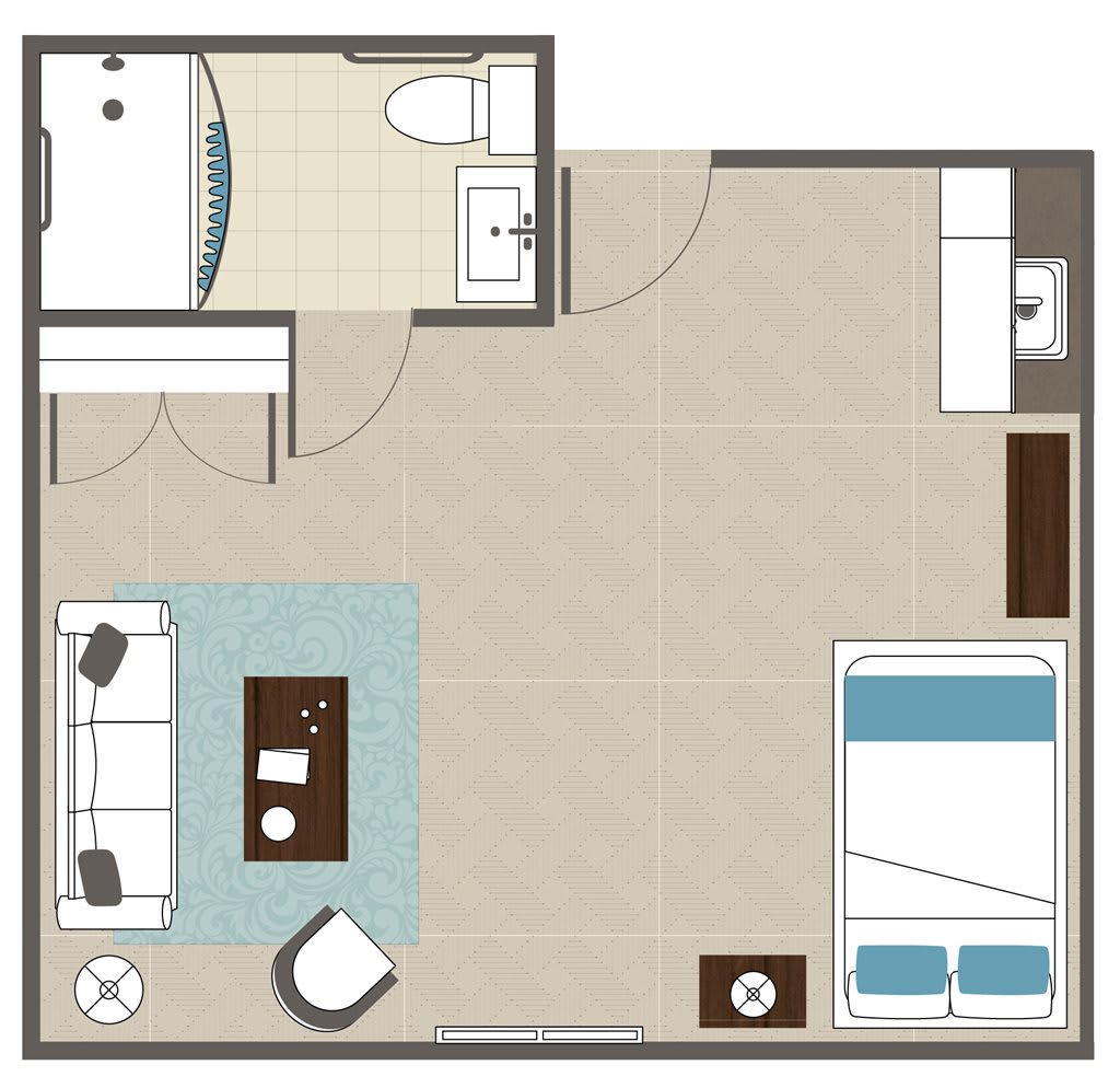 A floor plan of a studio apartment featuring a bedroom, living area, and bathroom with a tiled shower.