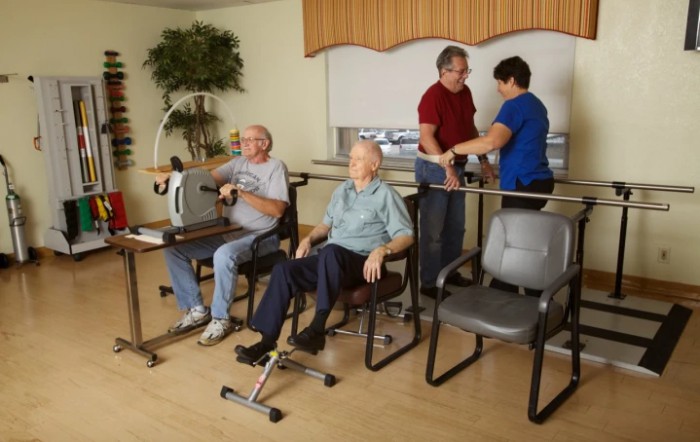Elderly individuals engaging in physical therapy exercises at a healthcare facility.