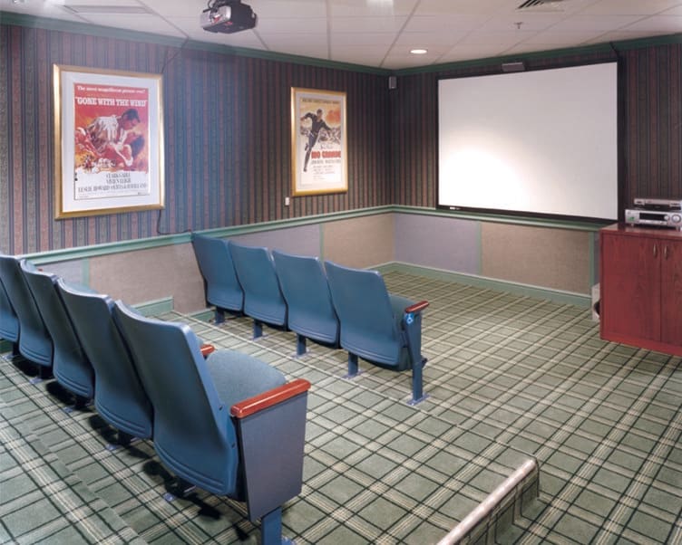 A cozy home theater with blue cinema seating and a large projector screen, adorned with movie posters on the walls.