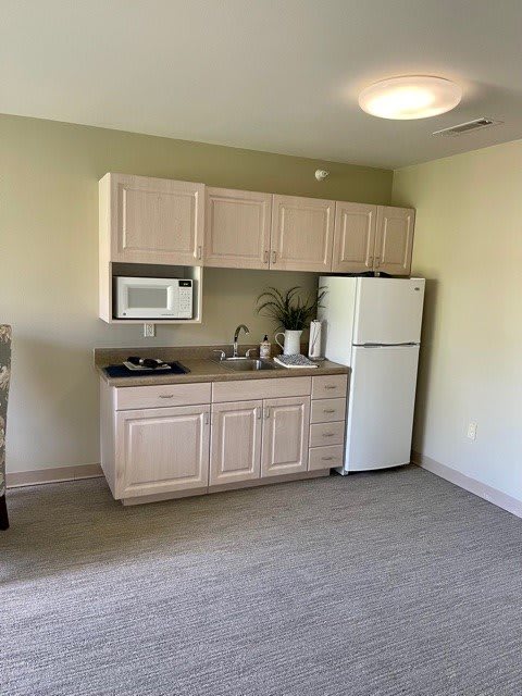 A compact kitchen setup with essential appliances and storage.