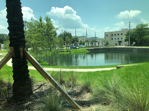 A serene view of a park featuring a tranquil lake surrounded by greenery and urban elements under a partly cloudy sky.