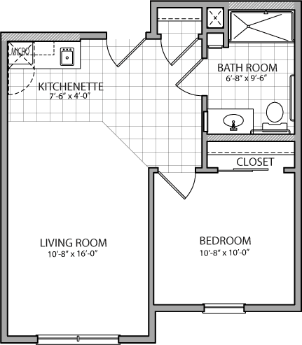 A floor plan of a one-bedroom apartment featuring a kitchenette, living room, bathroom, and closet.