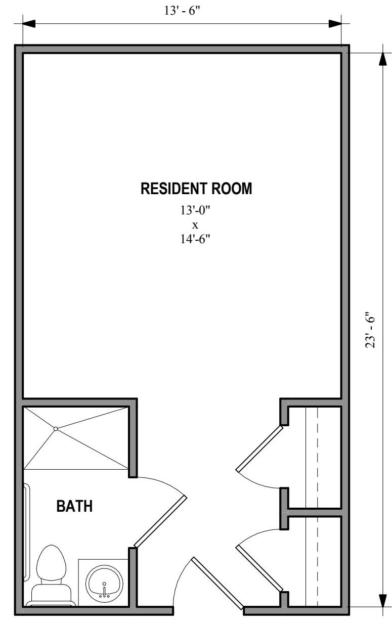 Floor plan of a resident room with an attached bathroom.