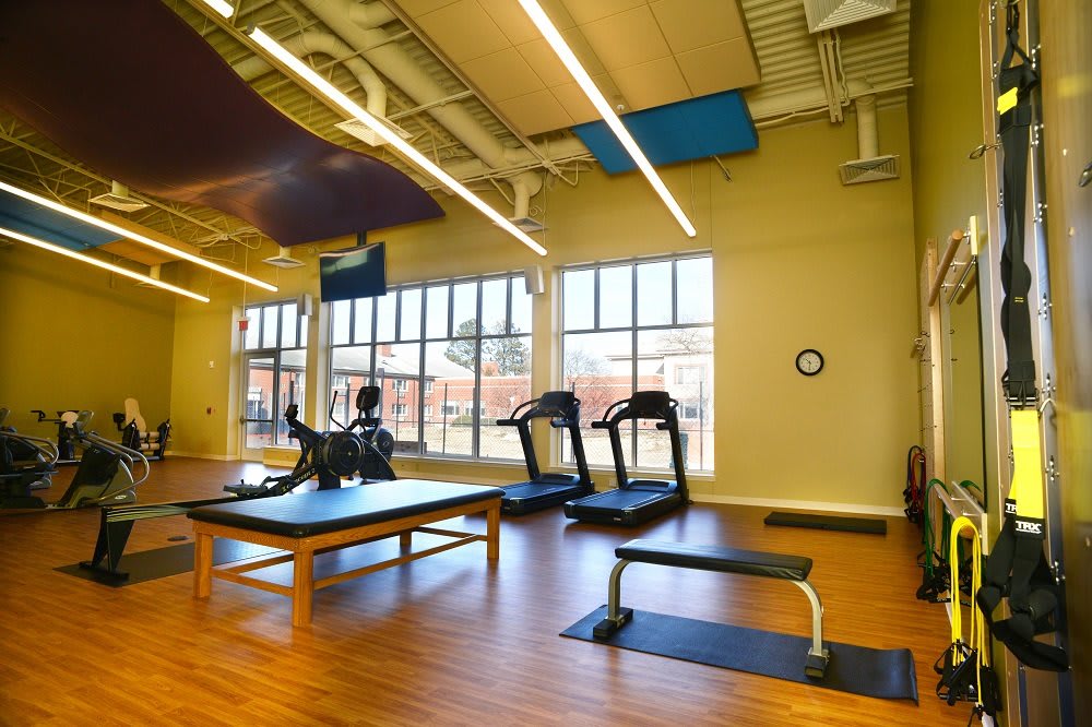 A well-lit gym with treadmills and exercise equipment.