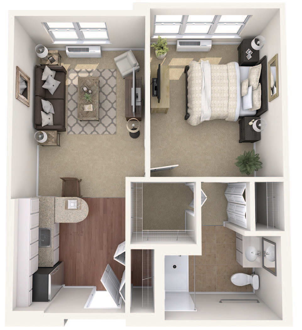 A compact one-bedroom apartment floor plan with a living room, kitchen, bathroom, and bedroom.