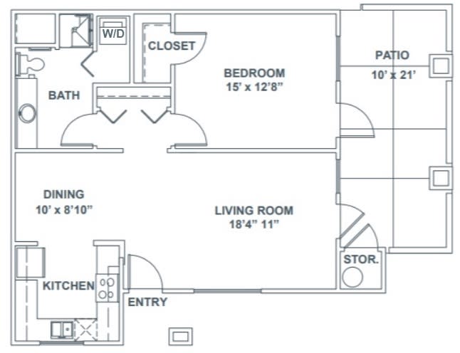 A floor plan of a one-bedroom apartment showing the arrangement of rooms and dimensions.