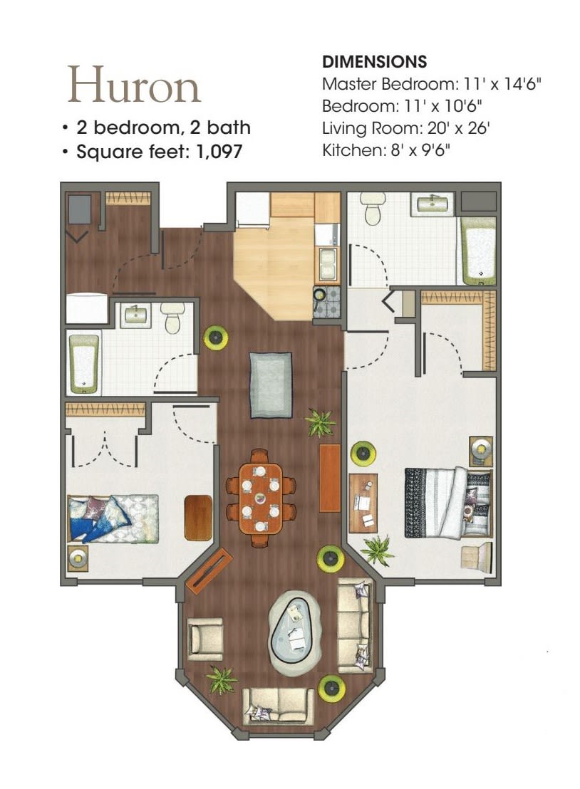 A floor plan of a two-bedroom, two-bathroom apartment with a size of 1,097 square feet.