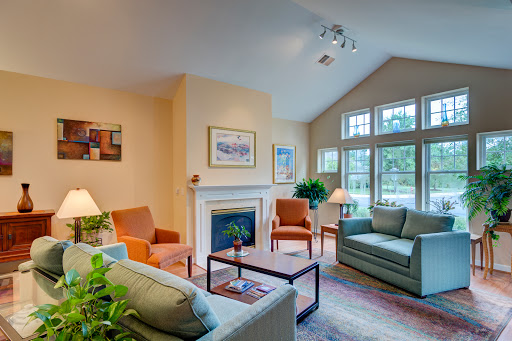 A cozy living room with comfortable seating and natural light, featuring a fireplace and plants for a welcoming atmosphere.