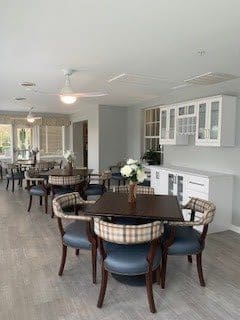 A stylish dining area with modern furniture and elegant decor.