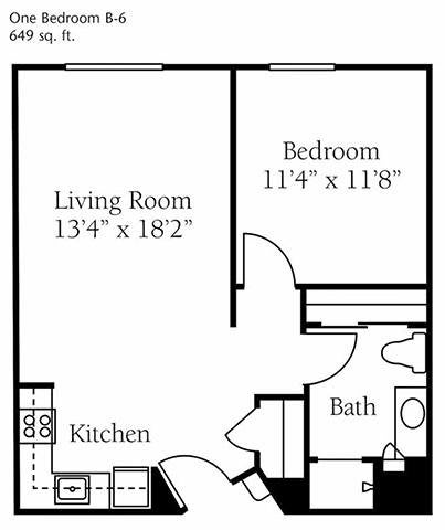A floor plan of a one-bedroom apartment featuring a living room, kitchen, and bathroom.
