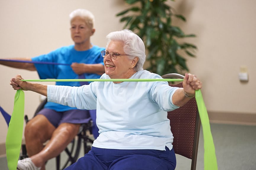 Elderly individuals engaging in a seated exercise class using resistance bands.