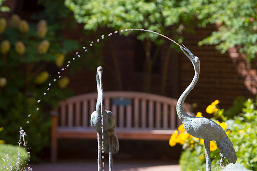 A beautiful fountain featuring two crane sculptures gracefully arching water.