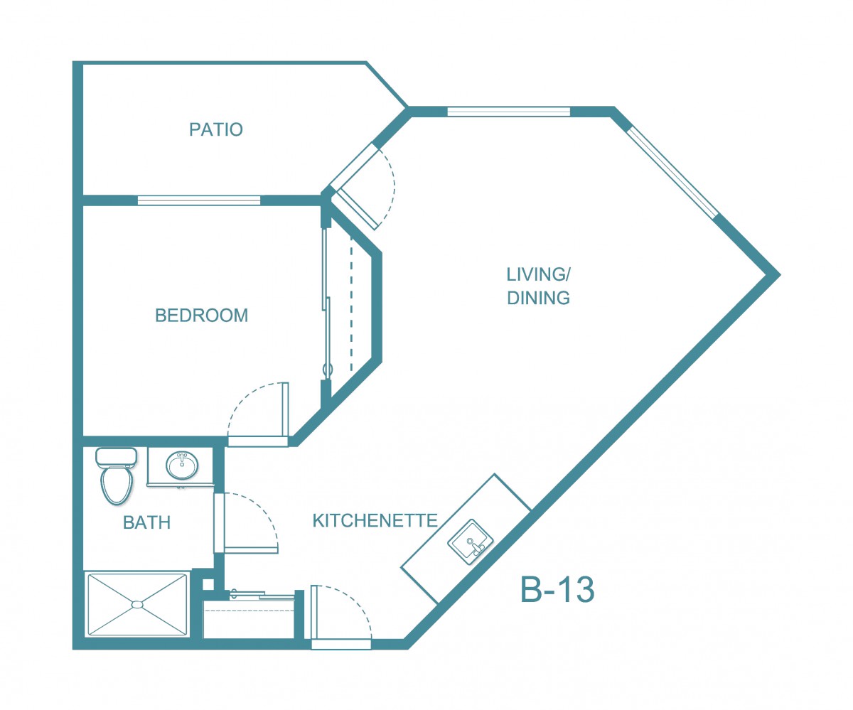 Blueprint of a one-bedroom apartment with kitchenette and living/dining area.