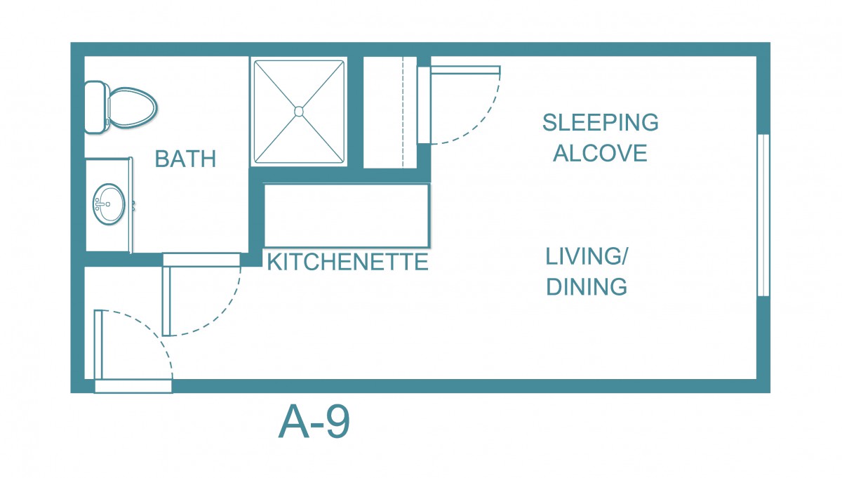 Studio apartment layout featuring a sleeping alcove, living/dining area, kitchenette, and bath.