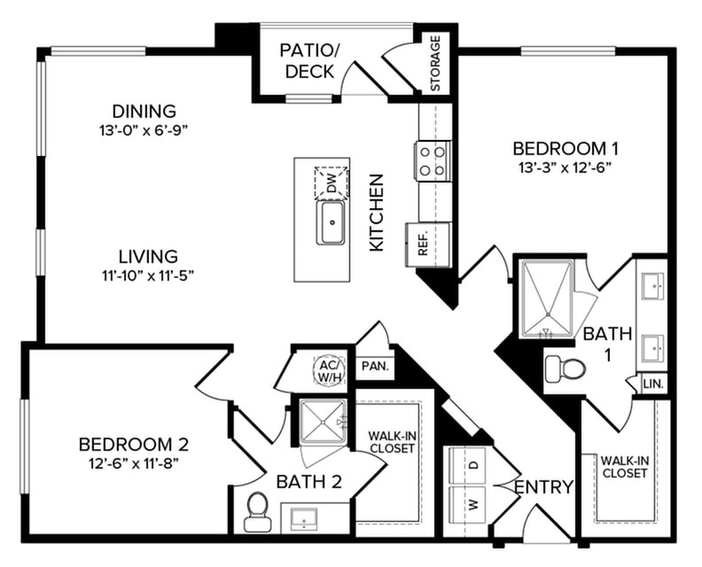 A floor plan of a two-bedroom apartment featuring living and dining areas, a kitchen, two bathrooms, and a patio/deck.