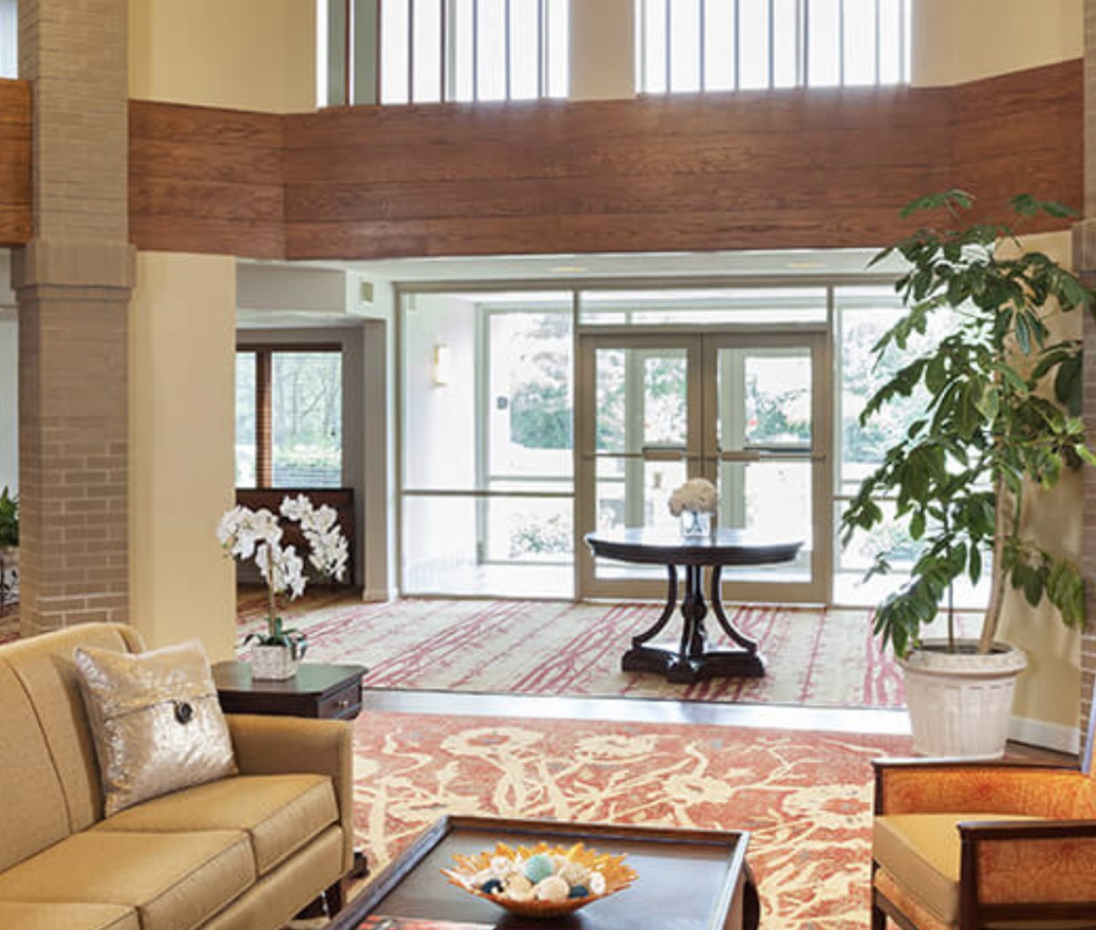 A modern lobby with comfortable seating and elegant decor.