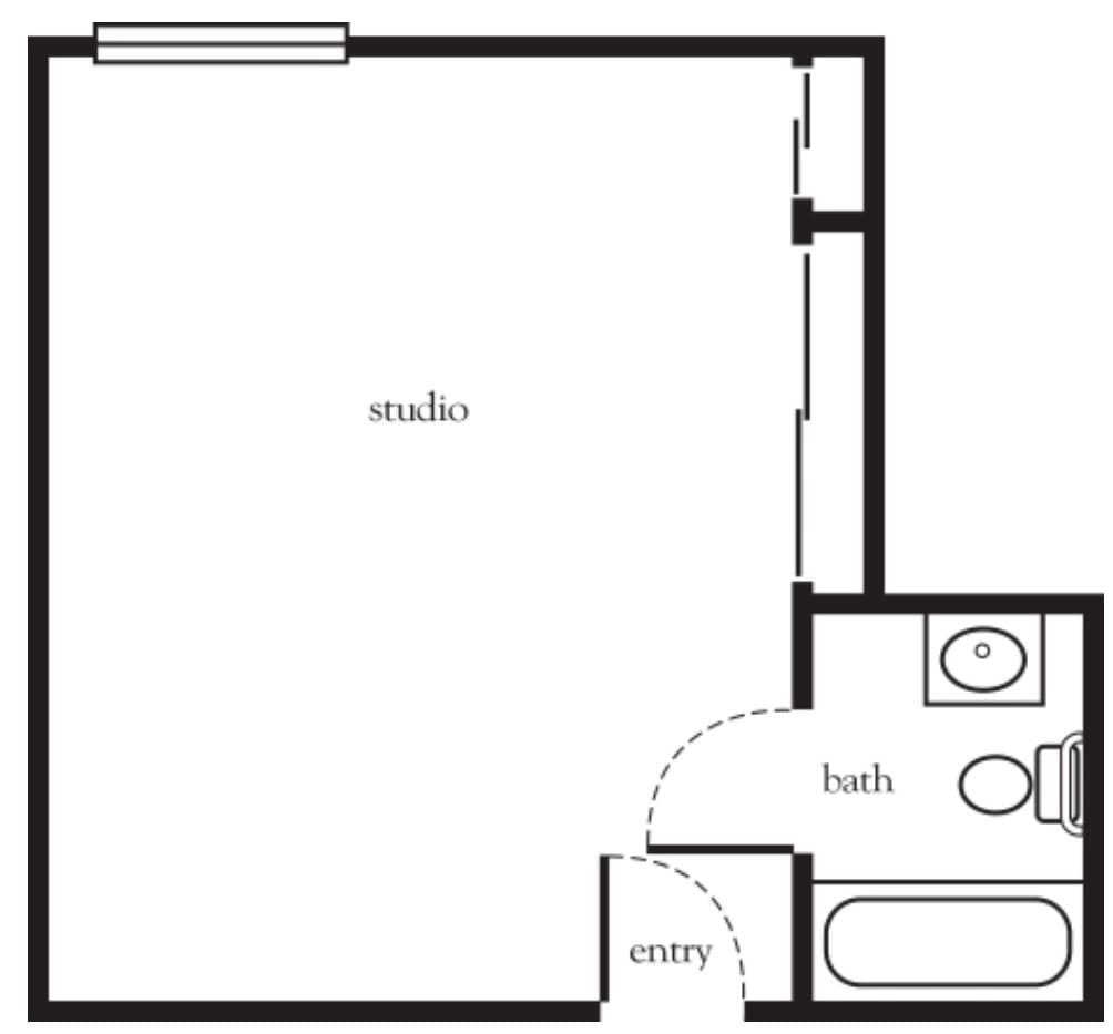A simple floor plan of a studio apartment with an entry, bathroom, and main living area.