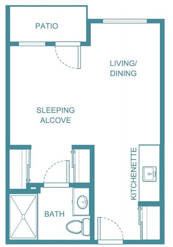 Studio apartment floor plan with a sleeping alcove, living/dining area, and kitchenette.