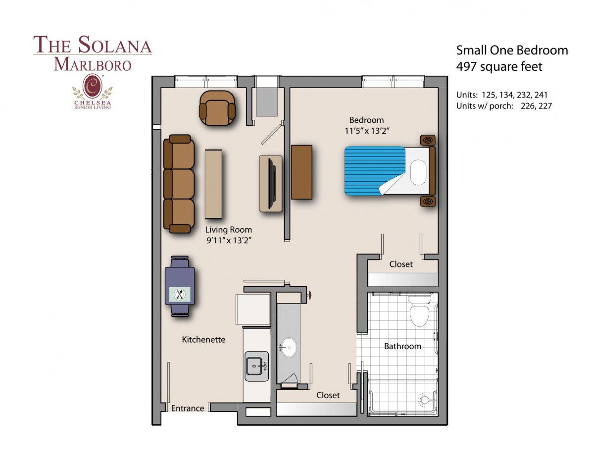 Small one-bedroom apartment floor plan, 490 square feet.