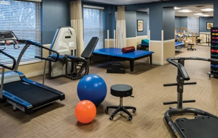A fitness room equipped with various exercise machines and therapy balls.