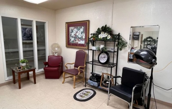 A cozy waiting room with various chairs and decorative elements.