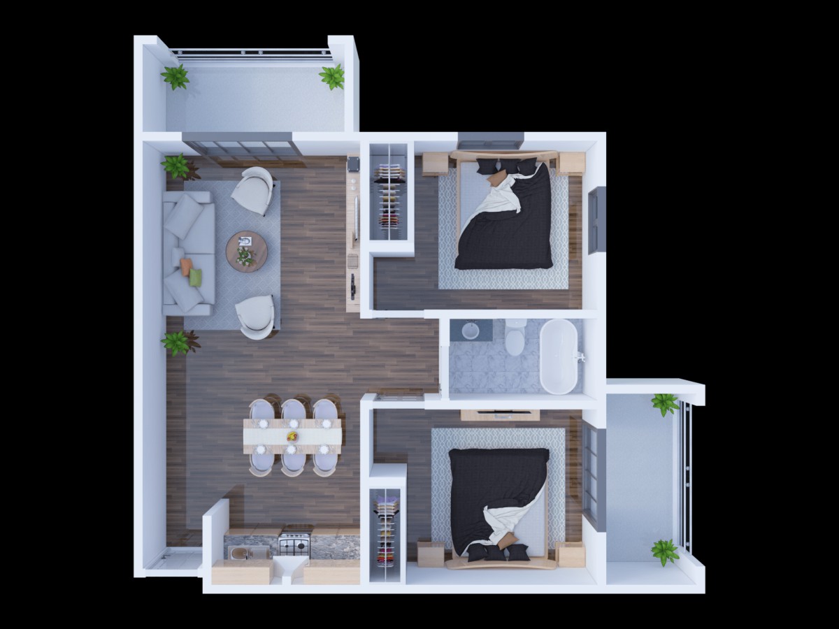 A modern apartment floor plan featuring a spacious living room, two bedrooms, a dining area, and an outdoor balcony.