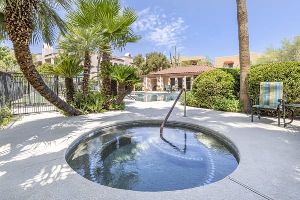 A luxurious outdoor setting with a hot tub surrounded by palm trees and a modern house in the background under a clear blue sky.