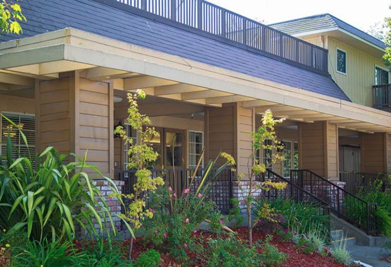 A modern building exterior with well-maintained landscaping and garden plants.