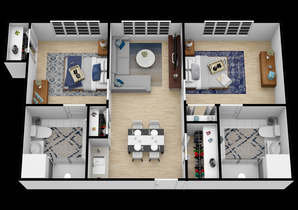 A top-view floor plan of a modern apartment featuring two bedrooms, a living room, dining area, kitchen, and two bathrooms.
