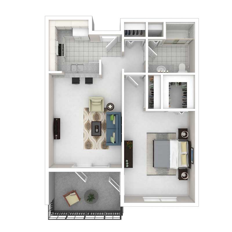A 3D floor plan of a one-bedroom apartment featuring a living room, kitchen, and balcony.