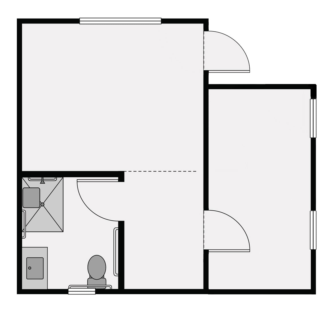 A simple floor plan showing two rooms and a bathroom.