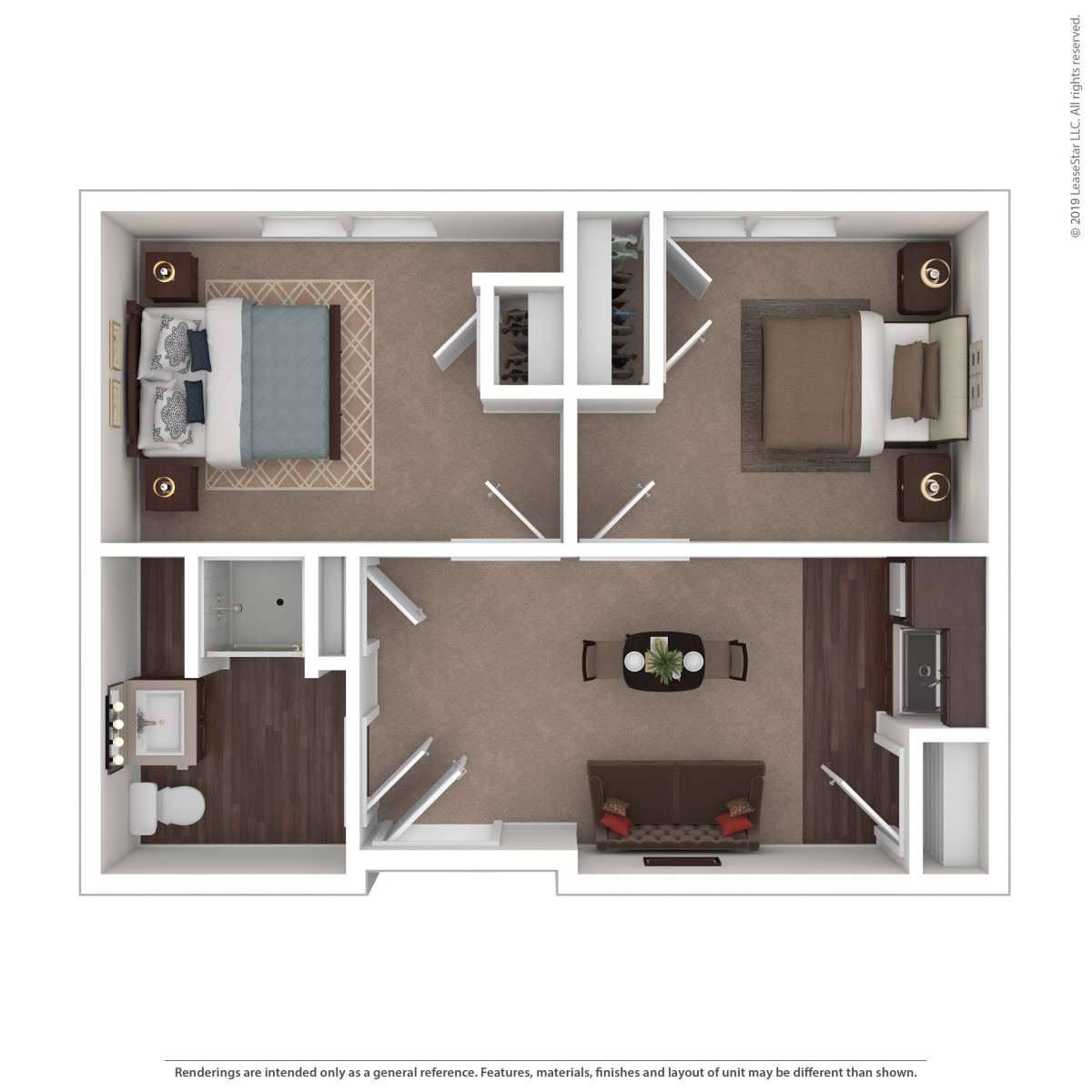 A 3D floor plan of an apartment displaying two bedrooms, a living room, and a bathroom.