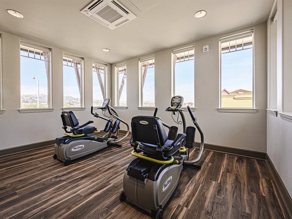 A modern gym room with exercise equipment and natural lighting.