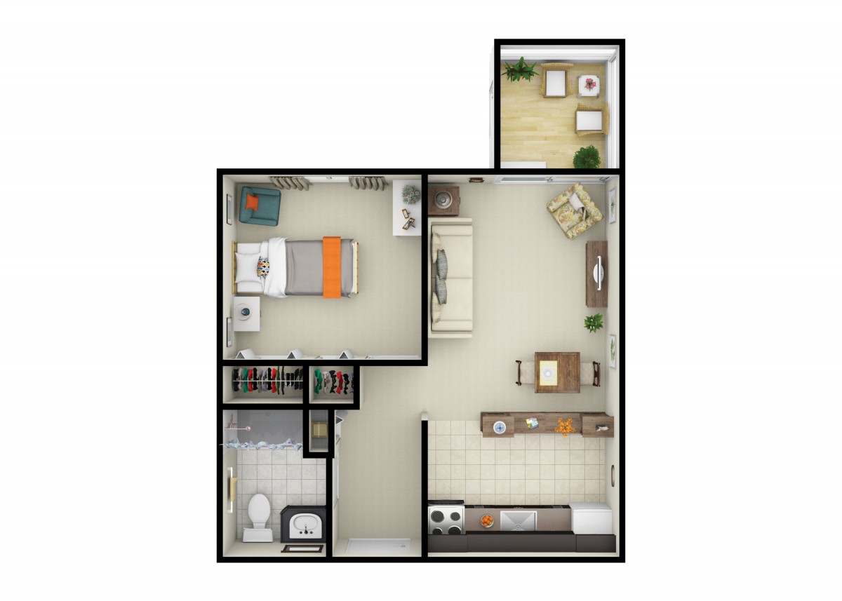A one-bedroom apartment floor plan with a kitchen, living room, bathroom, and balcony.