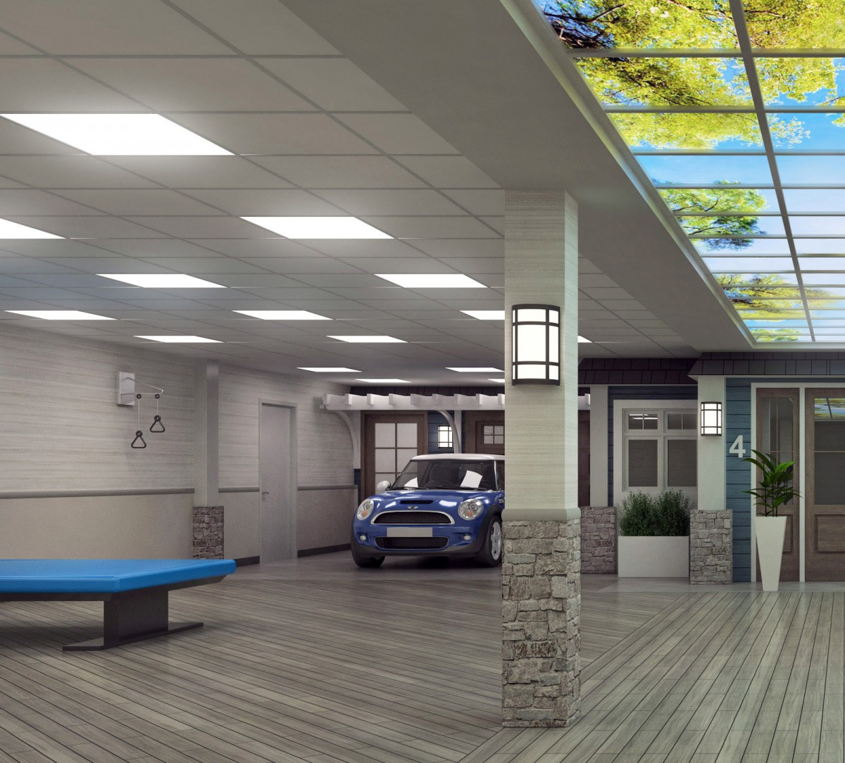 A modern indoor garage featuring a parked car, sleek ceiling lights, and stylish wall decorations.