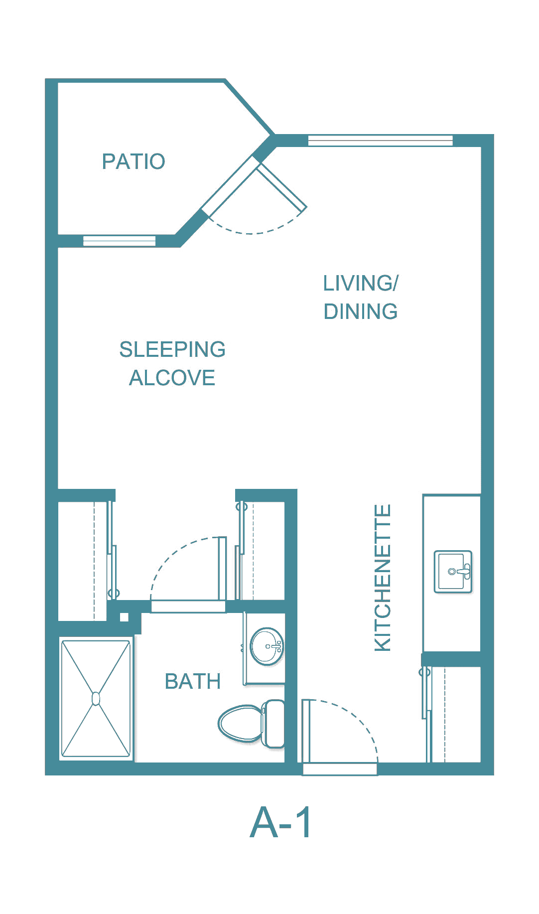 Studio apartment floor plan with sleeping alcove, living/dining area, kitchenette, and bathroom.