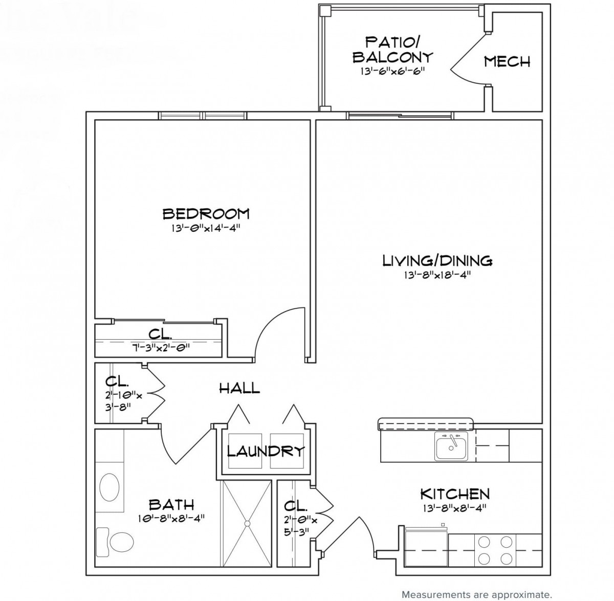 A floor plan of a one-bedroom apartment featuring a living room, kitchen, bathroom, and patio.