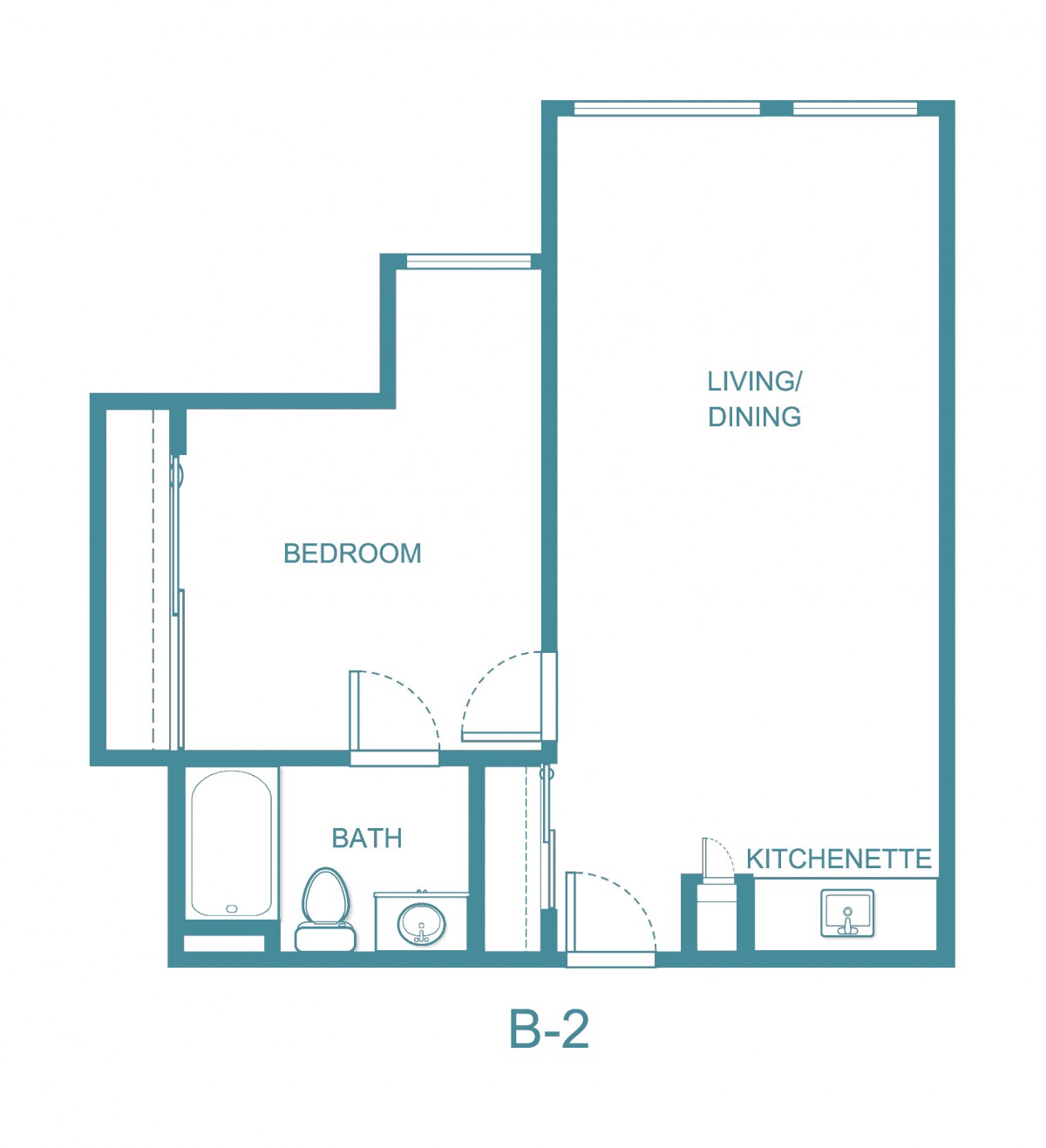 A floor plan of a one-bedroom apartment featuring a living area, kitchen, and bathroom.